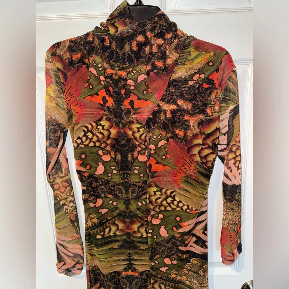 All Saints Long Sleeve Printed Bodycon Dress - Olive, Rust & Pink - Picture 2 of 8